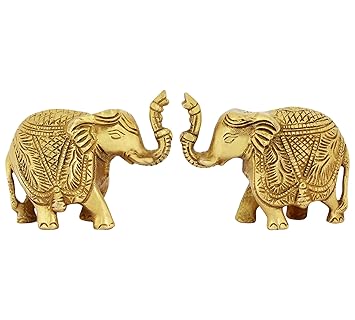ITOS365 Brass Trunk Up Elephant Statues Set of 2 - Showpiece Metal Statue - Lucky Figurine- Home Décor Gifts Item