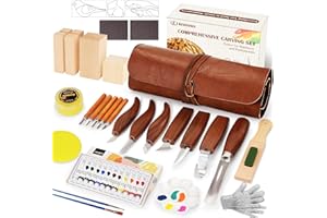 K KERNOWO Wood Carving Kit, 46Pcs Wood Carving Tools with 6pcs Whittling Knives & 5pcs Detail Knives &12 Color Paint Set & Beewax, Whittling Kit for Beginners and Enthusiasts