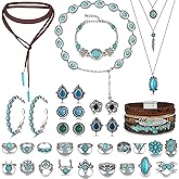 Vieyomn 36 Pcs Bohemian Turquoise Jewelry for Women Vintage Turquoise Ring Bracelets and Necklace Adjustable Boho Western Earring Set