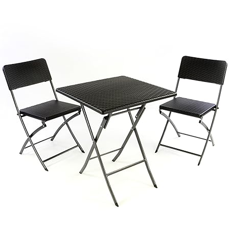 Nexos GM34523_SL2 3er Set Garnitur Tischset mit 2 Stühlen 1 Tisch Balkonset in Rattan-Optik Schwarz Bistroset klappbar Garten