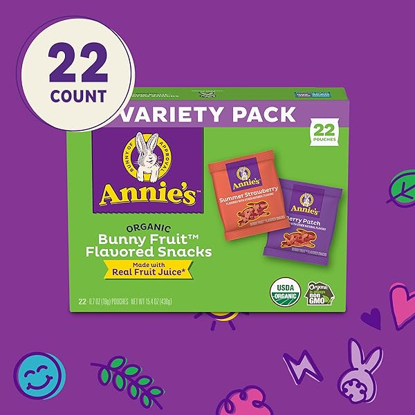 ANNIE’S ORGANIC BUNNY FRUIT SNACKS, VARIETY PACK, GLUTEN FREE SNACK, 22 CT, 15.4 OZ