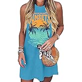 PICKID Summer Dress Hawaiian Dresses Sundresses for Women Sunsets Graphic Mini Tank Sleeveless Vacation Outfits
