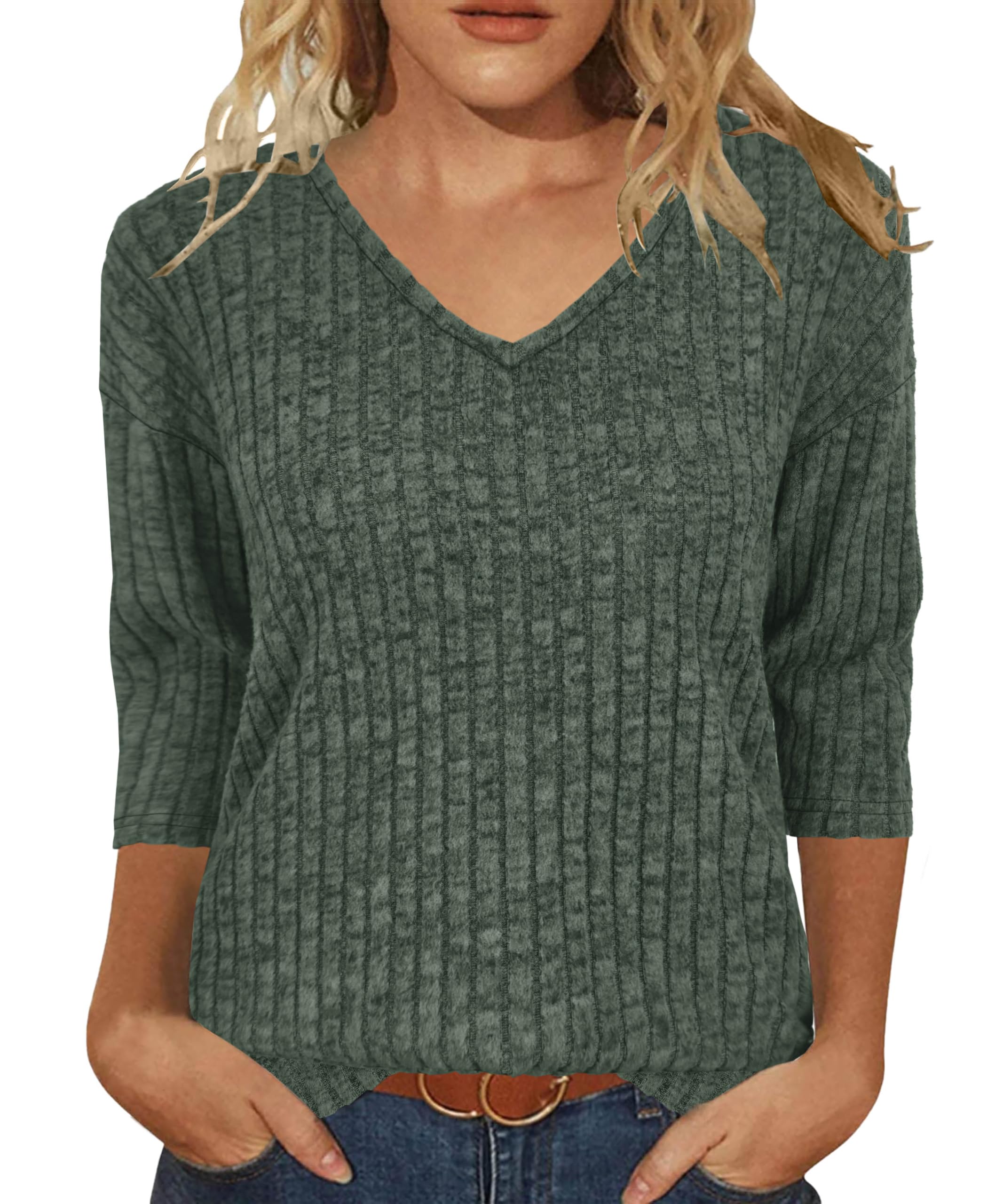 Photo 1 of ***2 PACK***JomeDesign Winter Clothes for Women 2025 V Neck 3/4 Sleeve Shirts for Women Green