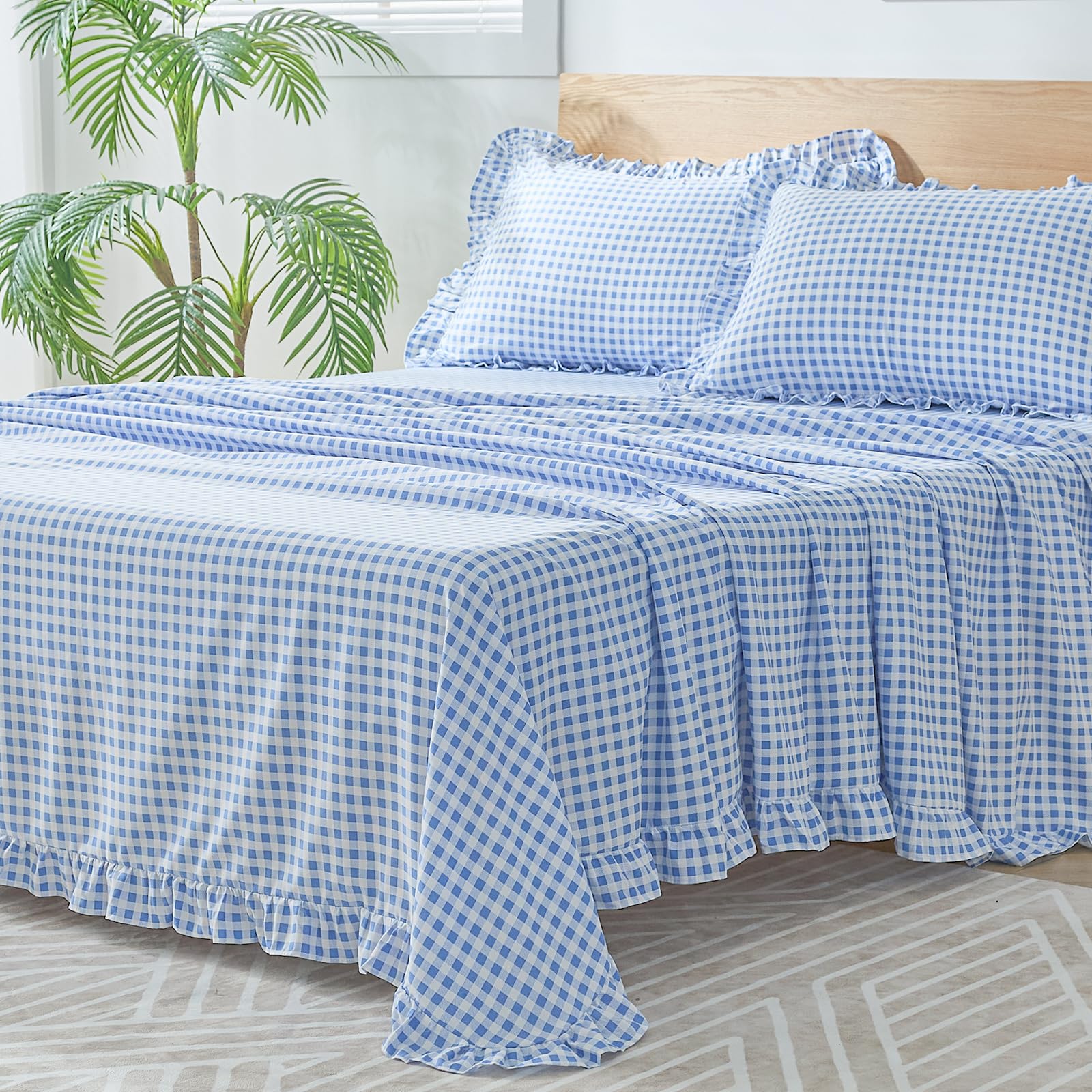 kisswish Gingham Twin Sheet Set, Lightweight Super Soft Brushed Microfiber Plaid Bed Sheets with 16" Deep Pocket, 3 Piece Ruffle Farmhouse Bedroom Decor, Blue