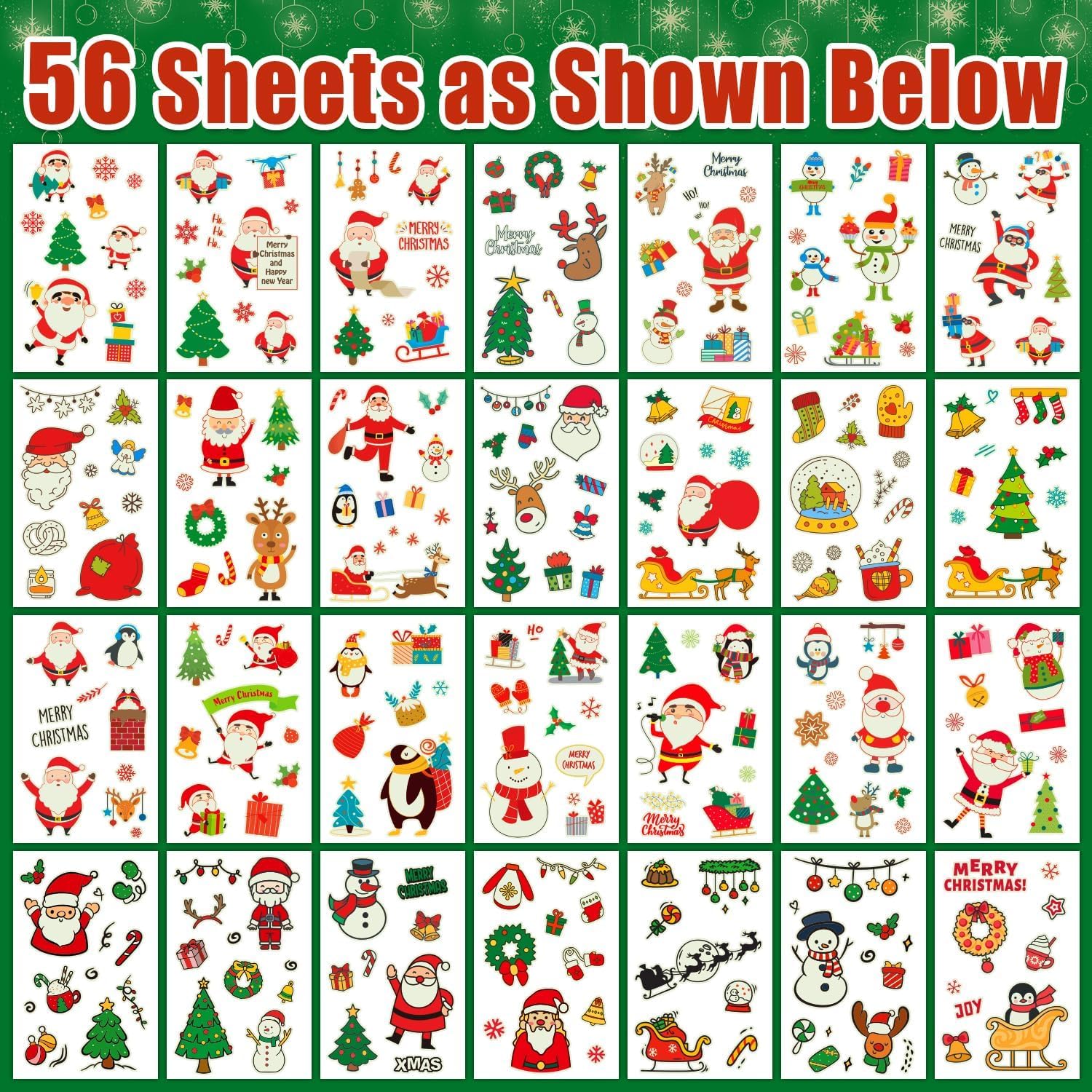 Partywind 56 Sheets (535 Glow Styles) Christmas Temporary Tattoos Party Decorations, Luminous Christmas Holiday Party Supplies for Kids Stocking Stuffers, Tattoo Stickers for Xmas
