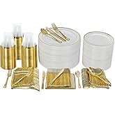 Prestee 600-piece Disposable Party Dinnerware Set for 100 Guests - Gold Dinnerware Sets Disposable with Plates, Cups, Knives,
