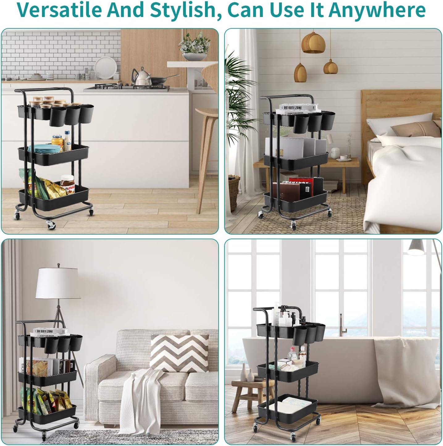 alvorog 3-Tier Rolling Utility Cart Storage Shelves Multifunction Storage Trolley Service Cart with Mesh Basket Handles and Wheels Easy Assembly for Bathroom, Kitchen, Office (Black) : Office Products