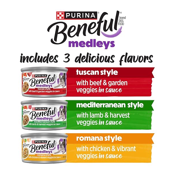 PURINA BENEFUL MEDLEYS WET DOG FOOD VARIETY PACK WITH TUSCAN, ROMANA, AND MEDITERRANEAN STYLE DOG FOOD IN DOG GRAVY, 30 PACK – (PACK OF 30) 3 OZ. CANS