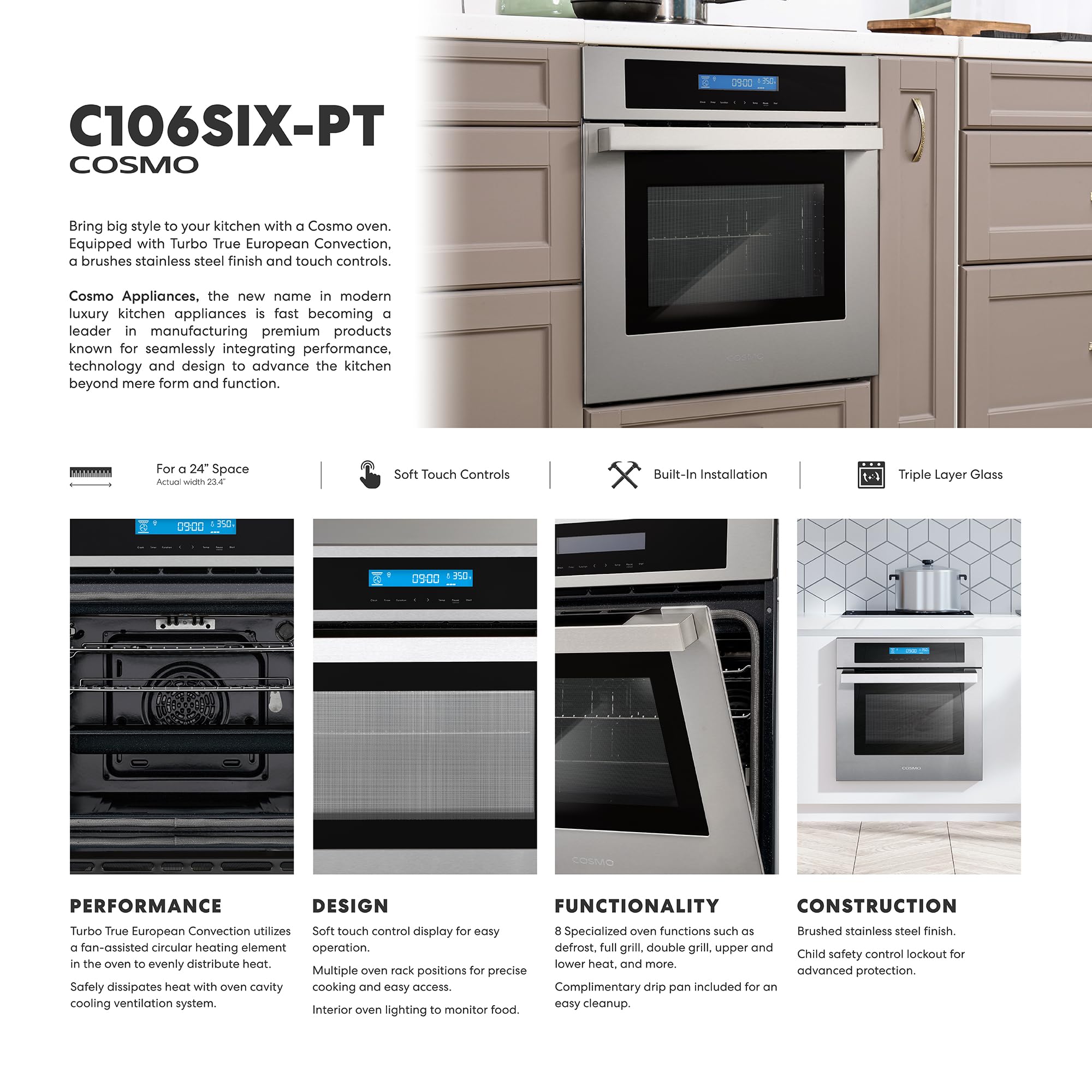 COSMO COS-C106SIX-PT 24 in. Lumin Collection 2.5 cu. ft. Electric Wall Oven, 8 Functions and True European Convection in Stainless Steel