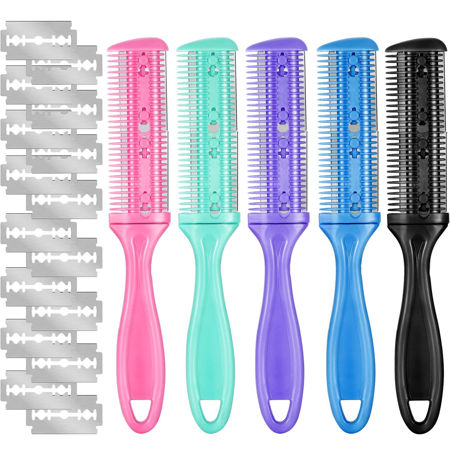 Photo 1 of Boao 5 Pieces Dual-Sided Cutting Scissors, 20 Razors, and Thinning Comb with Double Edge for Precise Slim Haircuts (5 Colors)