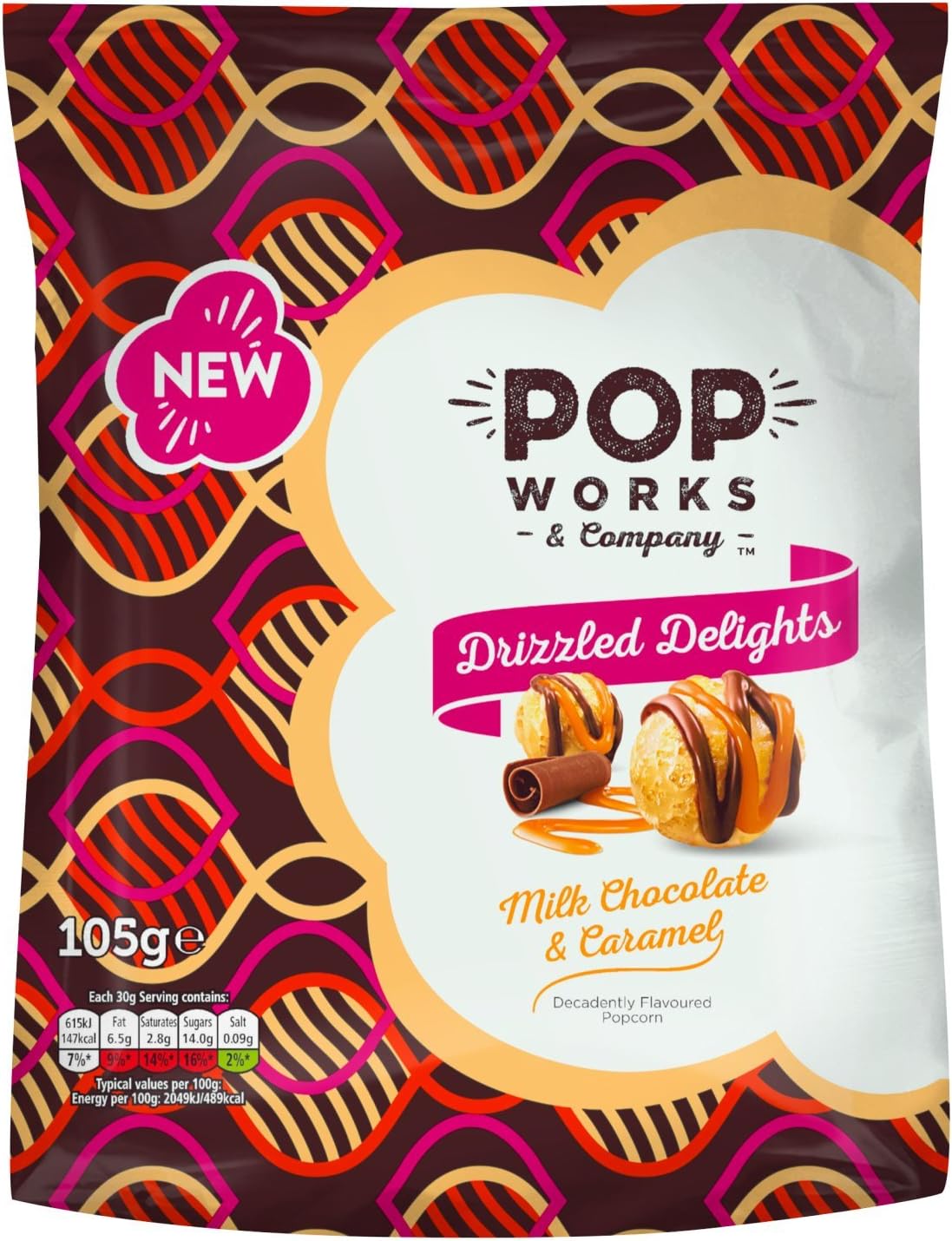 Popworks Milk Chocolate and Caramel Drizzle Flavour Popcorn, 105 g, Pack of 4