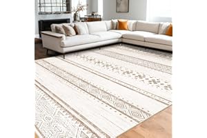 BESTSWEETIE 8x10 Area Rug for Living Room Washable Rug Moroccan Farmhouse Neutral Geometric Soft Low Pile Non-Slip Water Repellent Rug for Dining Room Bedroom Cream/Brown