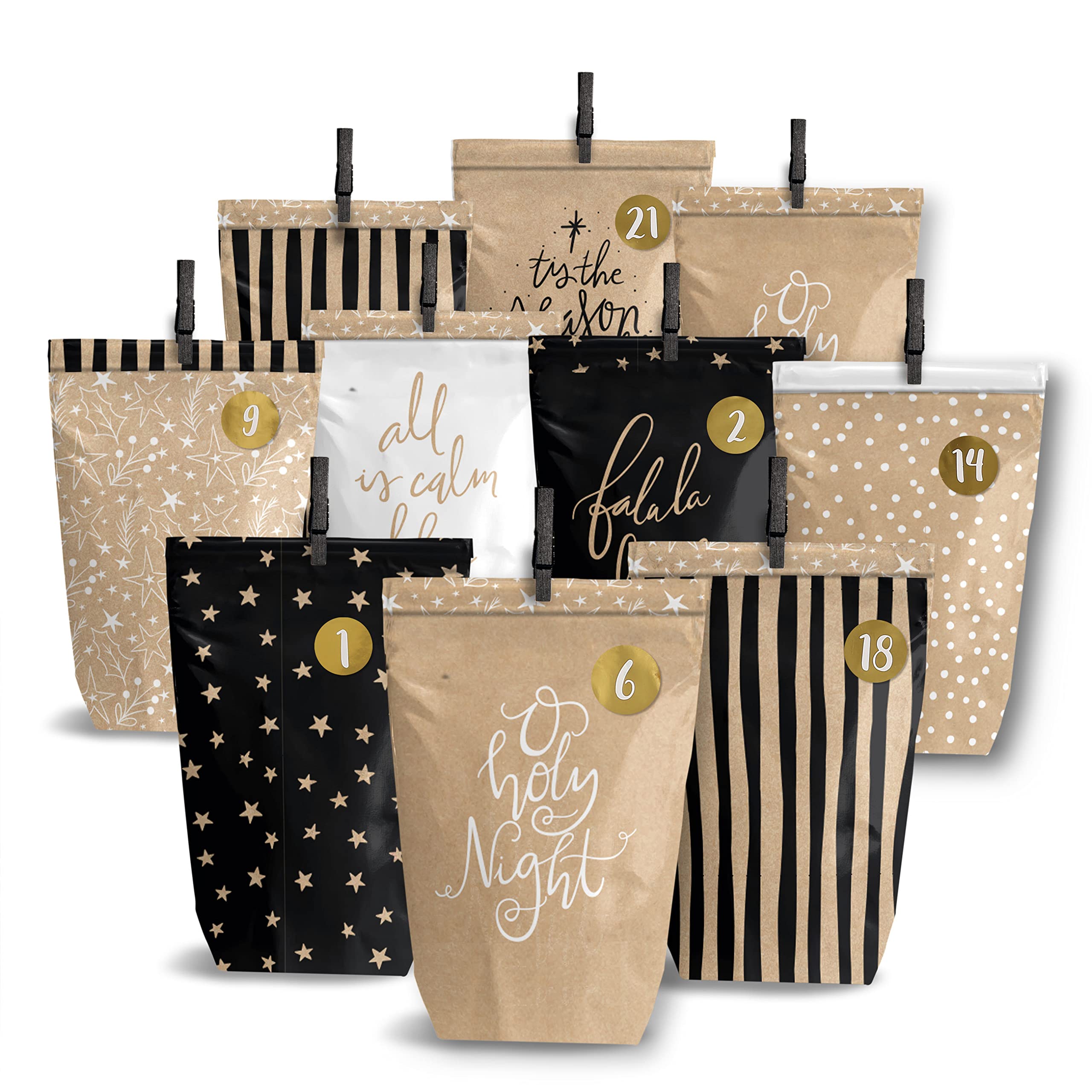 Papierdrachen Advent Calendar for Filling - 24 Brown Printed Gift Bags and 24 Number Stickers and Clips - Holy Night Motif - for Crafts and Gifts - Christmas