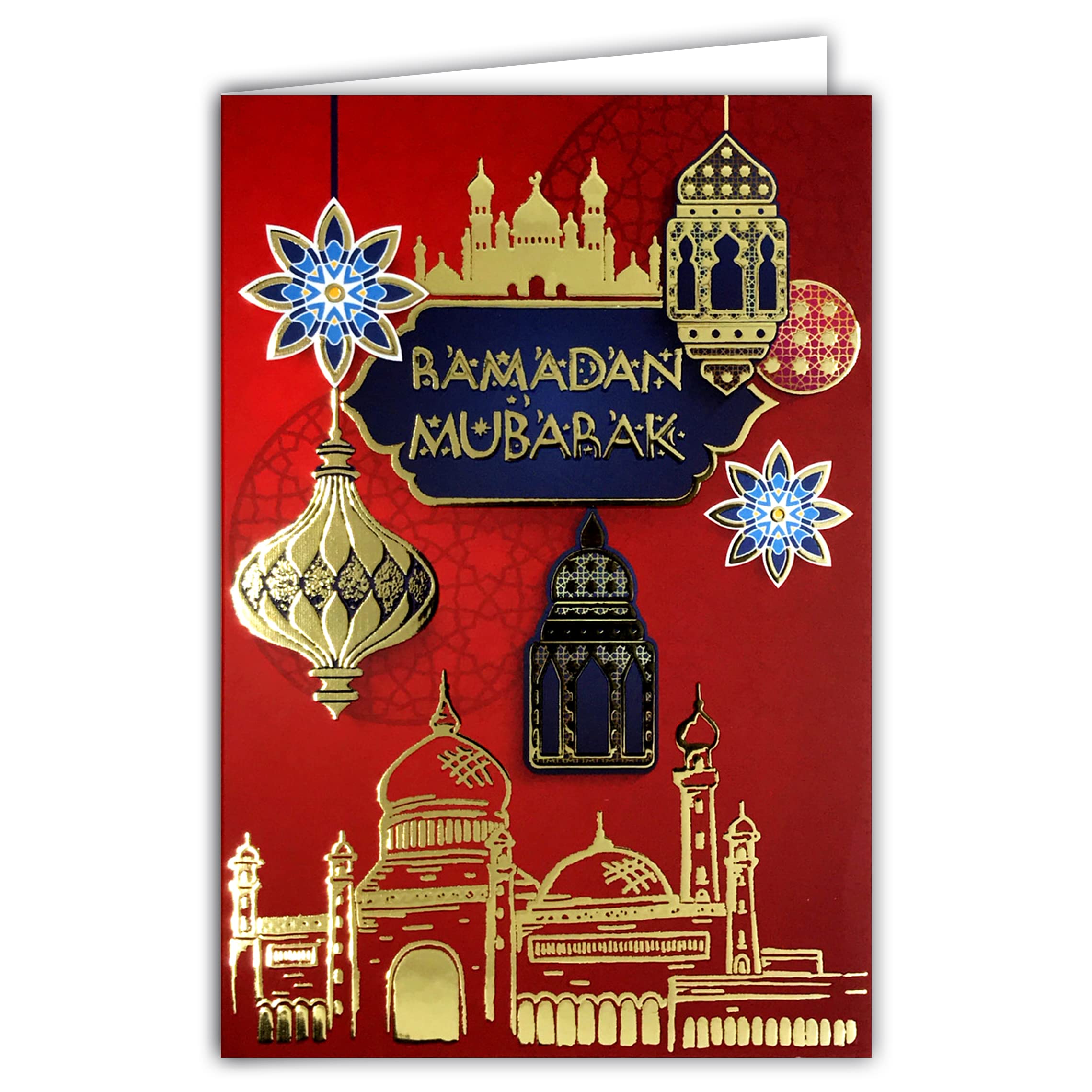 68-9001 AFIE Ramadan Mubarak Card in Shiny Gold Muslims Month Saint Fastness Laylat al-Qadr Eid el-Fitr Islamic Party 5 Pillars Mosque Lantern Ramadanese White Envelope Size 17.5 x 12 cm