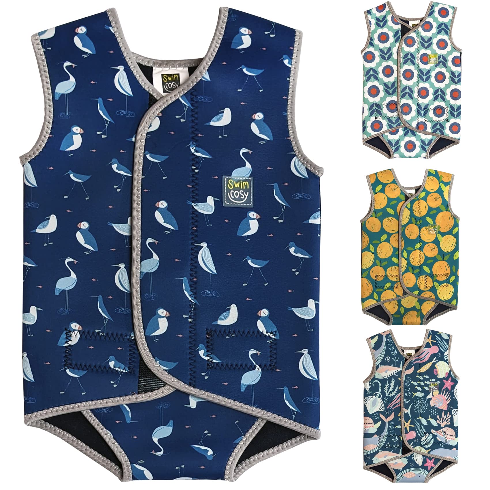 Swim Cosy Baby/Toddler Wetsuit Vest with UPF50 - Neoprene Wrap around design for Boys/Girls 0-3 years - Unicorns, Dinosaurs, Ducks (Seaside Birds, LARGE 18-30 Months)