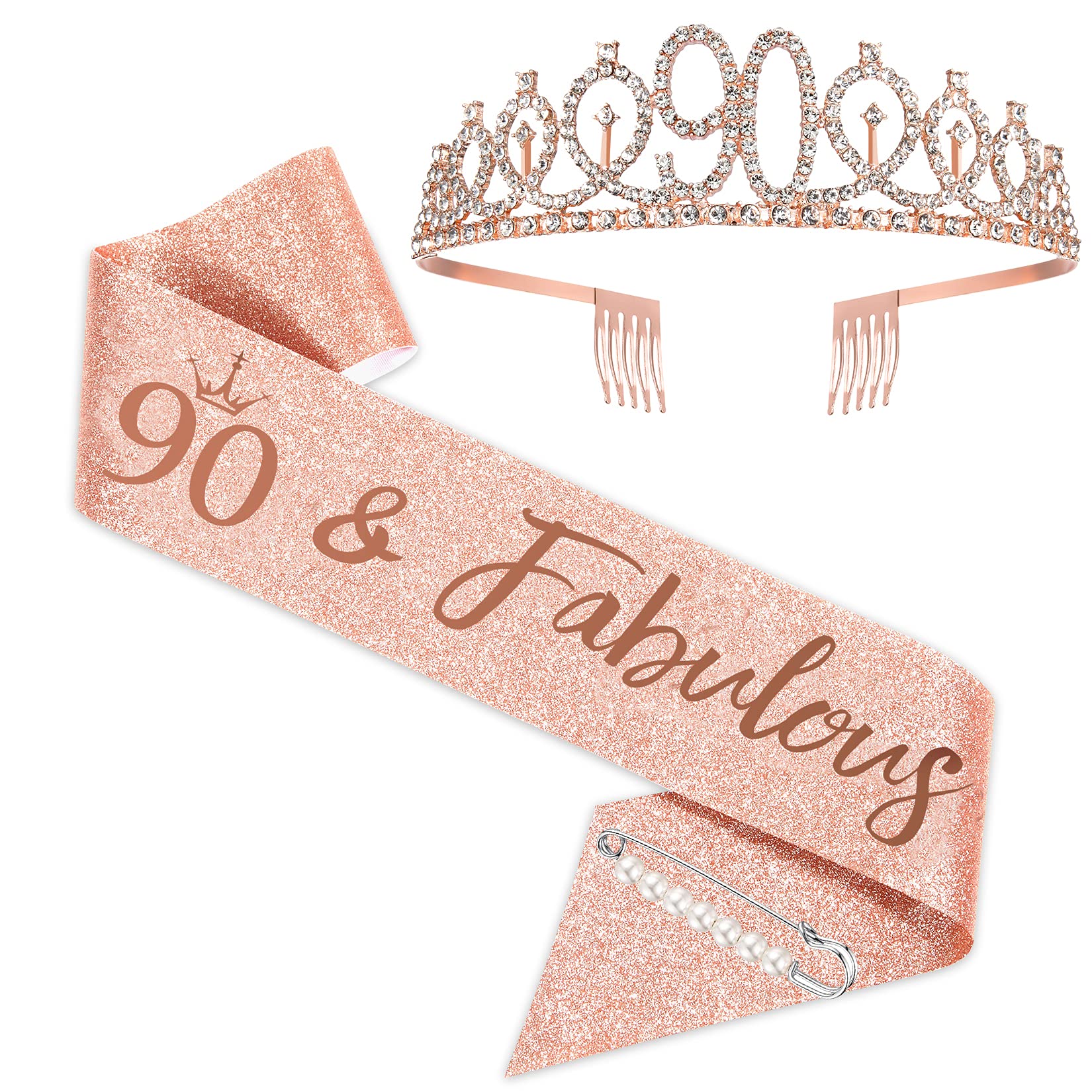 SZHUIHER 90th Birthday Sash and Tiara Set for Women, Rose Gold, 62 Inch Sash, Tiara, Pearl Pin, Cake Topper, All Ages, Birthday Accessory Set