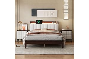FurGenius 3-Pieces Bedroom Sets, Full Size Platform Bed with Storage Upholstered Headboard and Two Nightstands, Solid Wood Bedframe w/USB Charging Station & LED Light for Adult Teens, Walnut+Beige