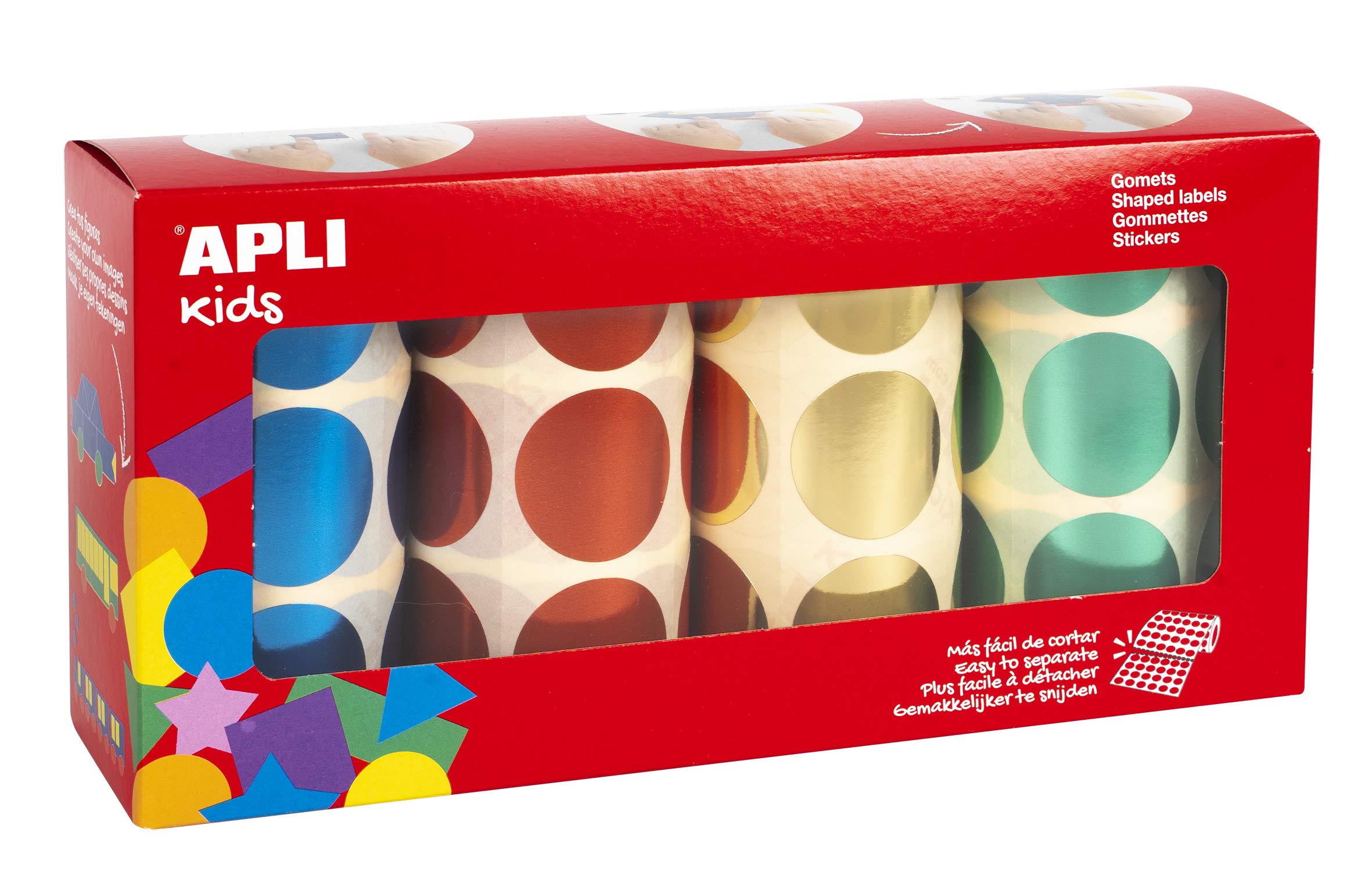 APLI Kids 18400 – Pack of round metallic gummies Ø 33 mm yellow, blue, red and green 4 units.