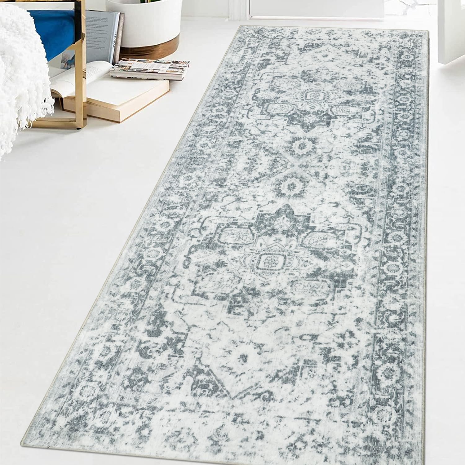 Famibay Hallway Runner Non Slip Runner Rugs for Hallway 80x200cm Long Washable Grey Vintage Kitchen Hall Carpet Floor Rugs for Entryways Bedroom Laundry