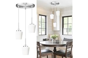 Audickic 3-Light Pendant Light Fixtures, Brushed Nickel Dining Room Light Fixture Over Table, Adjustable Kitchen Island Lighting with Milk White Glass, Farmhouse Hanging Light Fixture, AD-22004-3P-SN