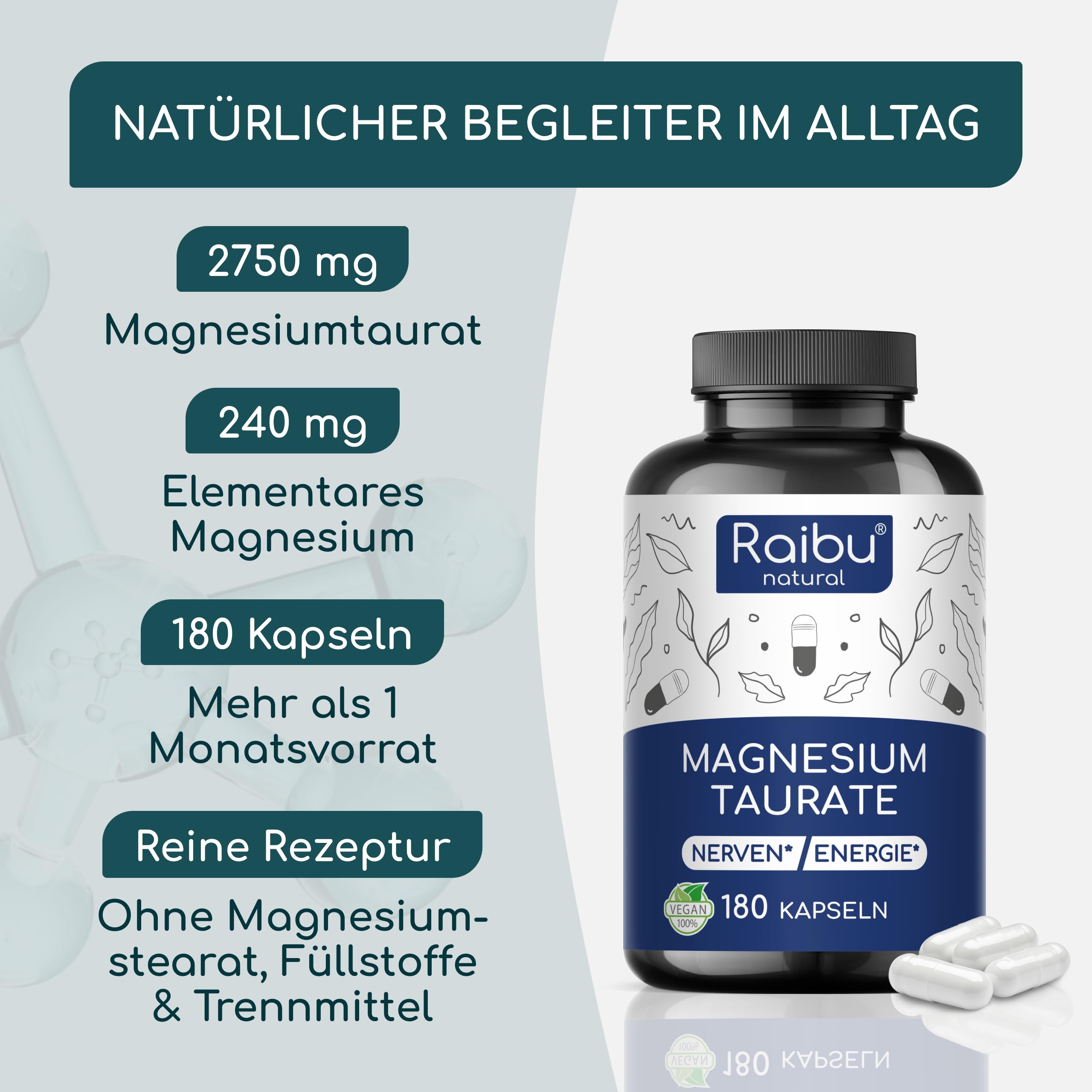 Magnesium Taurat 2750 mg pro Tag, 180 Kapseln - davon 240 mg elementares Magnesium pro Tag, Chelatierte Verbindung mit Taurin - Für Muskeln & Nerven* - Hohe Bioverfügbarkeit, Frei von Magnesiumstearat 3