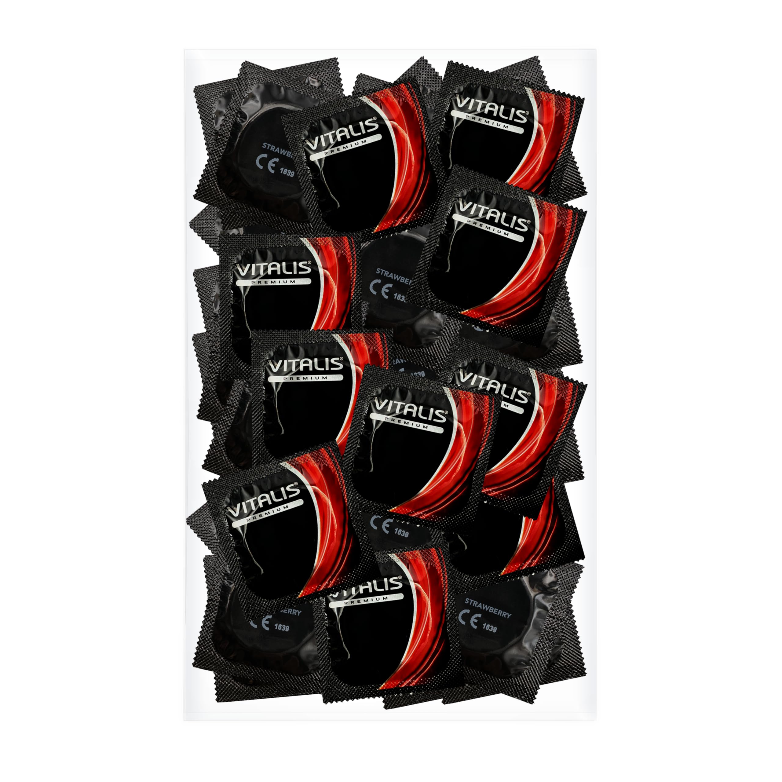 VITALIS 100 Condoms Pack with Strawberry Flavour I Nominal Width 53 mm I Real-Feeling Coloured Condoms I 100 Premium Condoms Flavoured with Strawberry Scent I Ultra-Soft Condoms for Men
