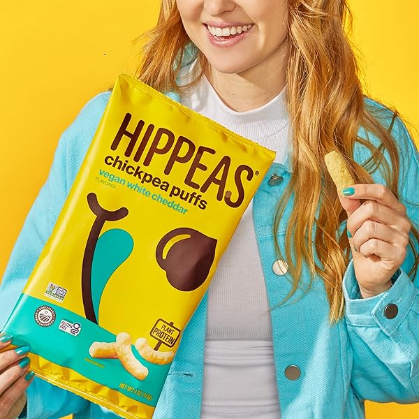 HIPPEAS CHICKPEA PUFFS, GROOVY WHITE CHEDDAR, GLUTEN FREE SNACKS, DAIRY FREE, VEGAN, 8OZ BAG, 3G PROTEIN, 2G FIBER, CRUNCHY, NUTRITIOUS, BAKED PLANT PROTEIN SNACK, NON-GMO, KOSHER