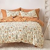 Wake In Cloud - Floral Comforter Set, Botanical Flower Cottagecore Shabby Chic Aesthetic for Women Teen Girls, Soft Lightweight Dorm Bedding, 3 Pieces, Orange Cream, Twin/Twin XL Size