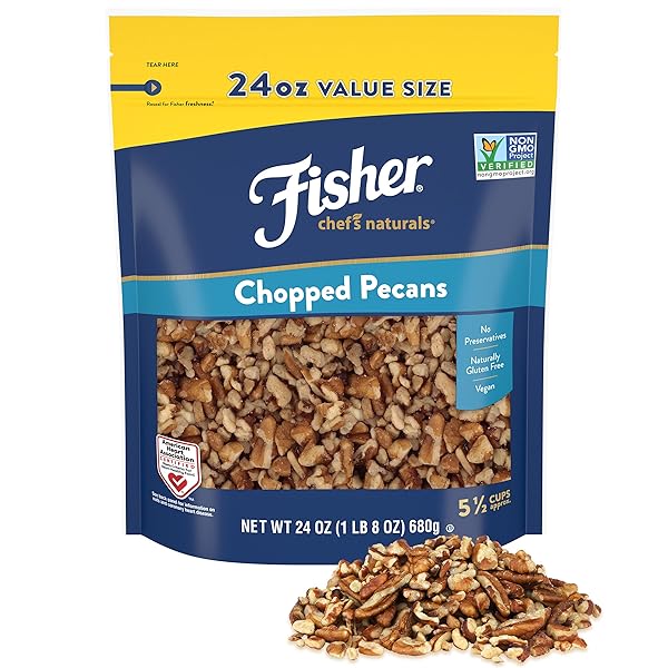 FISHER CHEF’S NATURALS UNSALTED CHOPPED PECANS 24 OZ RESEALABLE BAG, UNSALTED RAW NUTS FOR COOKING, BAKING & SNACKING, VEGAN PROTEIN, KETO SNACK, GLUTEN FREE RAW PECANS, CHOPPED PECAN
