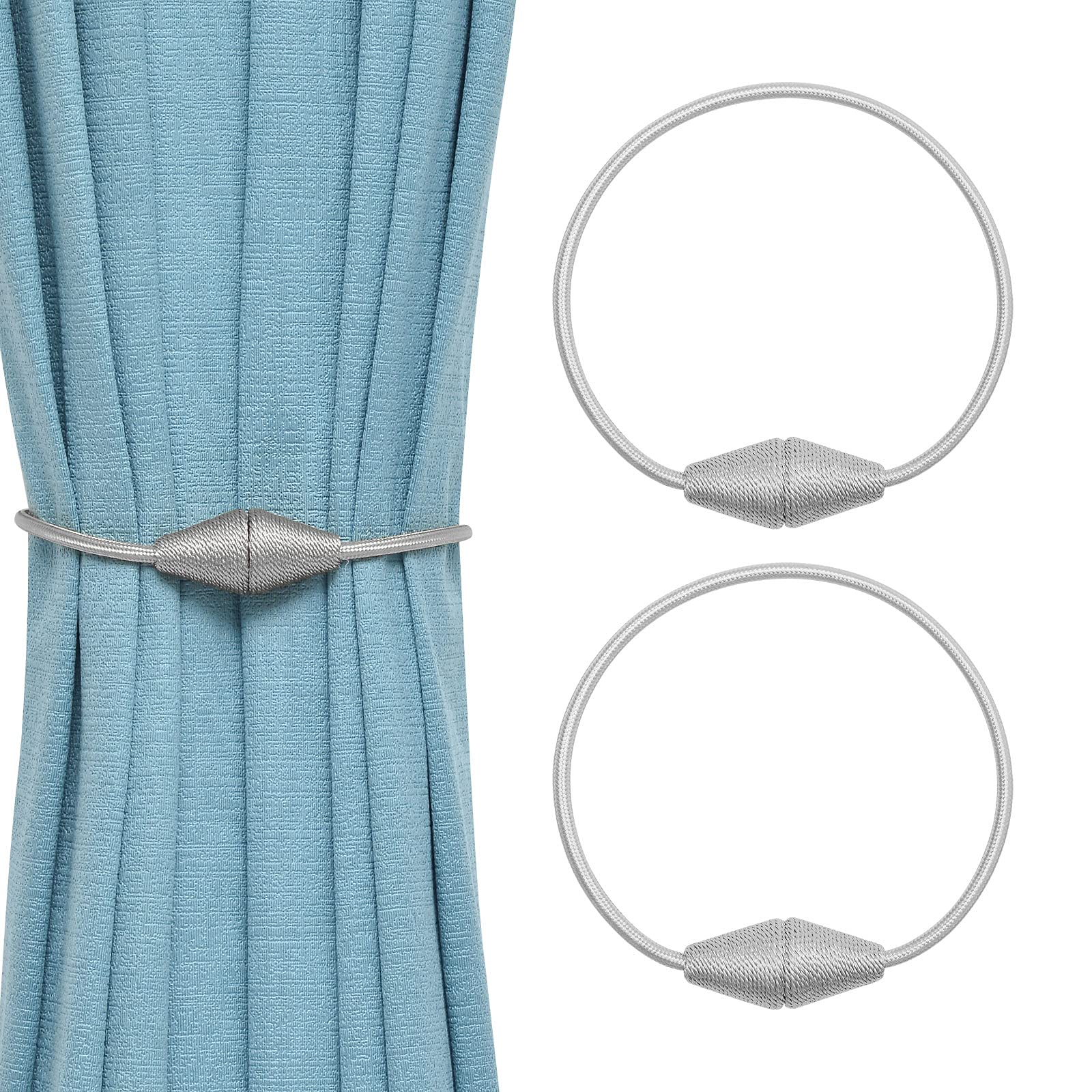 Pretty Jolly 2 Pack Upgrade Magnetic Curtain Tiebacks Handmade Weave Rope Curtain Holdbacks Convenient Decorative Cone Curtain Drape Tie Backs for Home & Office Window Drapery (Grey)