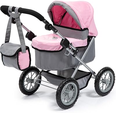 13008AA Puppenwagen Trendy, mit Tasche, höhenverstellbarer Griff, große Räder, integrierter Korb, faltbar, Grau/Rosa