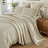 Brandream Queen Size Quilt Set Cotton Beige Quilts Floral and Vines Matelasse Coverlet Set Ruffle Bedspread 3-Piece