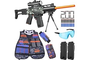 SANETAN Toy Gun Automatic Sniper Rifle with Scope, Tactical Vest Kit, Toy Foam Blasters with 200 Soft Bullets, 2 Magazinine and Bipod, Electric Gun for Boys Age 8-12, Gifts for Birthday Christmas