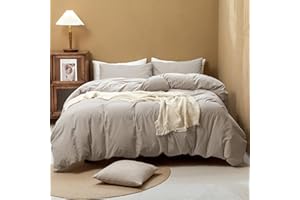 FOSSA Duvet Cover Set 100% Washed Cotton Linen Feel Super Soft Breathable Cozy 3 Pieces Bedding Sets Solid Tannish Linen Grey King