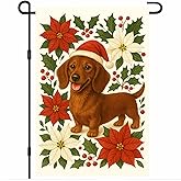 BlissYard Christmas Garden Flag 12x18 Inch Merry Christmas Dachshund Dog Outdoor Flag Double Sided Holiday Yard Banner with Santa Hat Poinsettias and Holly Berries for Porch Lawn Patio