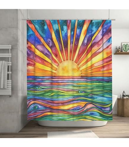 Gasmónso Abstract Desert Sun Shower Curtain - 72x72 Inch, Waterproof Polyester, Stained-Glass Design - View #8