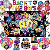 80s Party Decorations Includes Backdrop, Banner, Hanging Swirls, Foil & Latex Balloons, Cake & Cupcake Toppers, Honeycomb Centerpieces for 80s 90s Party Decorations