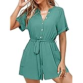 Simplee Women Summer Short Rompers V Neck Button Down Short Sleeve Belted Waist Tie Jumpsuits with Pockets