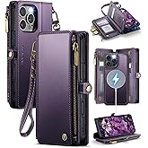 Defencase for iPhone 16 Pro Magnetic Wallet Case Compatible with Magsafe with RFID Blocking Zipper Strap Card Holder for Women Men PU Leather Detachable Case for iPhone 16 Pro (6.3 inches), Purple