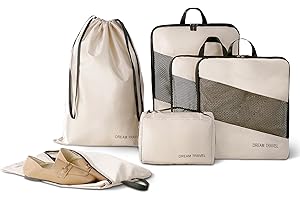 GRANNY SAYS 6 Set Packing Cubes for Travel, Compression Packing Cube for Clothes, Lightweight Travel Cubes with Mesh, Foldie Travel Bag Expandable Suitcase Organizer, Beige