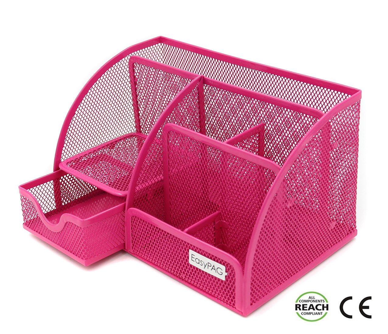 EasyPAG Mesh Office Desk Organizer 6 Compartments with Drawer,Pink