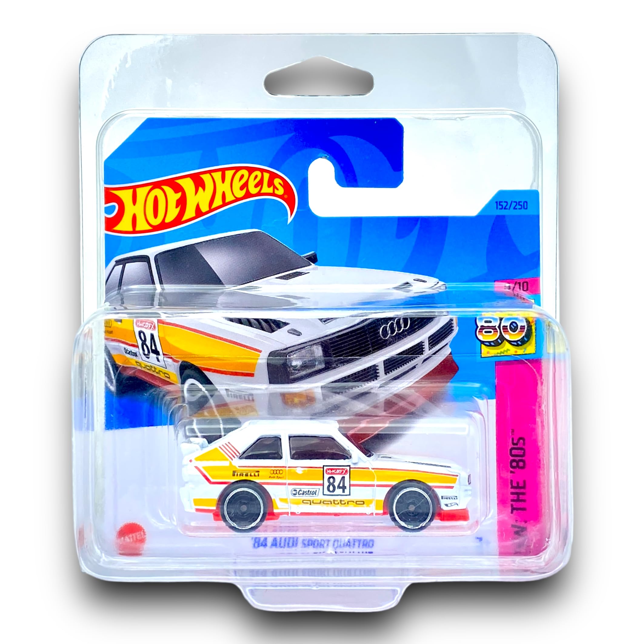 Hot Wheels '84 Audi Sport Quattro (White, Yellow & Red) 9/10 HW: The '80s - 2023-152/250 (Short Card) - COMES IN A KLAS CAR KEEPER PROTECTIVE COLLECTORS CASE - HKJ66