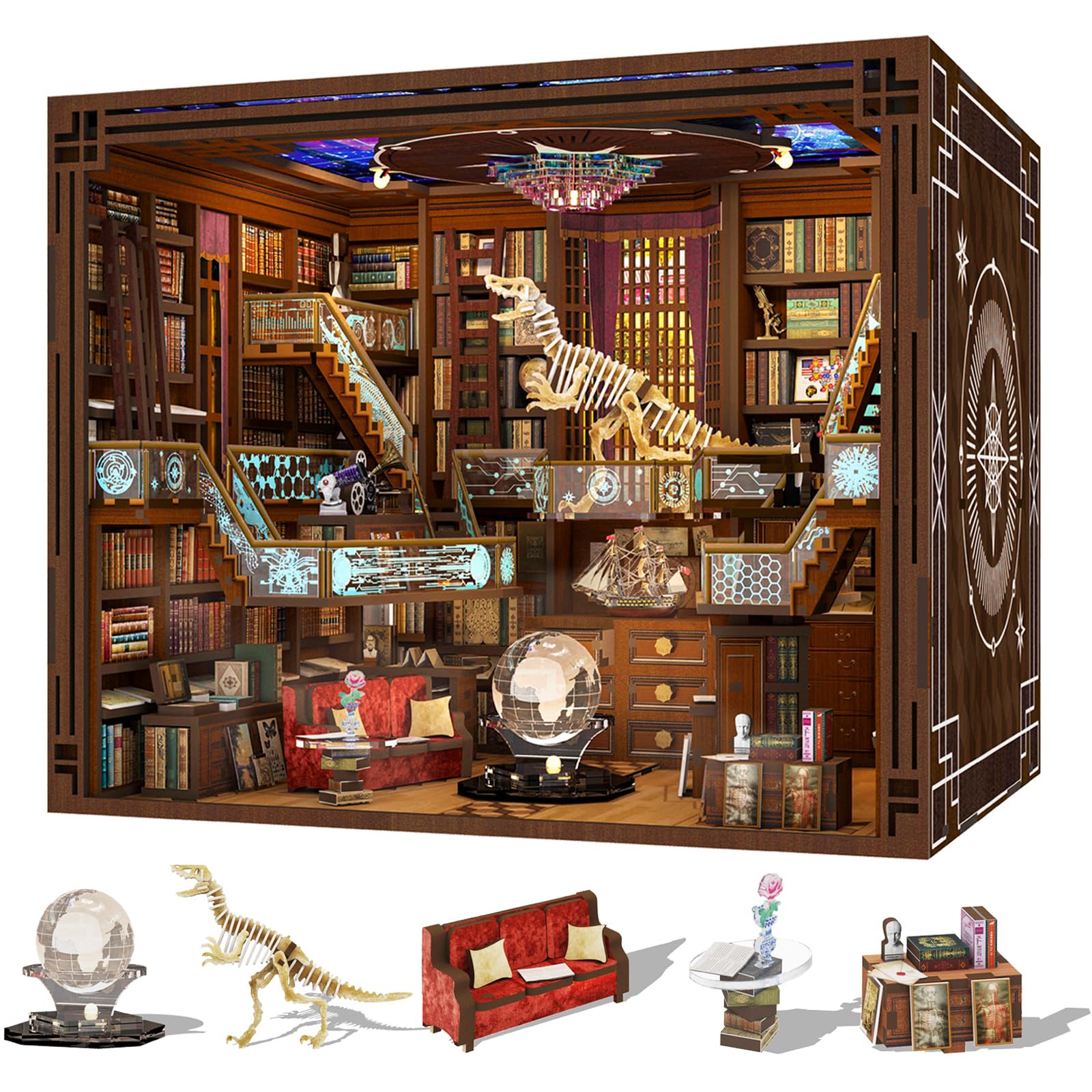 Minicity Book Nook Kit, DIY Miniature Dollhouse Booknook Kit, 3D Wooden Puzzle Bookend Bookshelf Insert Decor with LED Light for Teens and Adults(Beyond Library Max) — image 1