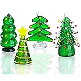 HDCRYSTALGIFTS Set 4 Blown Glass Christmas Tree Figurine Collectible 2.5'' Art Glass Statue Holiday Decoration Sculpture Festival Gifts Home Arts