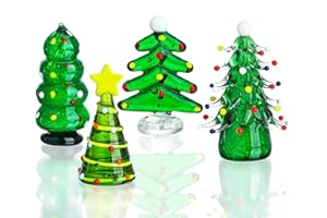 HDCRYSTALGIFTS Set 4 Blown Glass Christmas Tree Figurine Collectible 2.5'' Art Glass Statue Holiday Decoration Sculpture Festival Gifts Home Arts