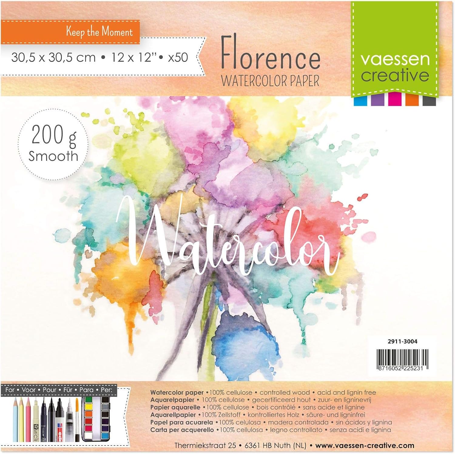 Vaessen Creative Florence Watercolour Paper 12x12 in Ivory, 300 GSM, Artist Grade Quality, Smooth Surface