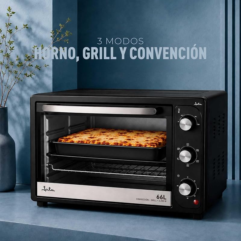 HN966 - Horno Eléctrico de Sobremesa 66 L con Convección y Grill, 2.200 W, 3 Funciones, Termostato Regulable, Temporizador 60 Min, Luz Interior, Bandeja y Parrilla