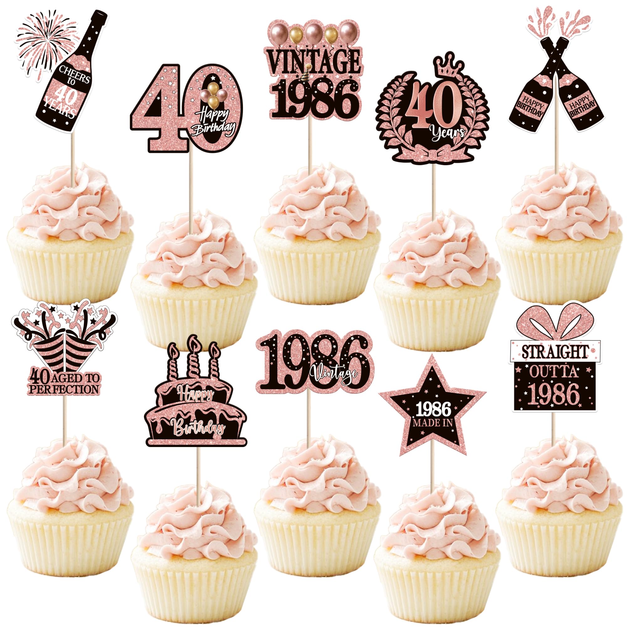 SYKYCTCY 40 Pack Happy 40th Birthday Cupcake Toppers Glitter Hello Forty 40 Fabulous Cupcake Picks Cheers to 40 Years Cake Decorations for Vintage 1986 Happy Birthday Party Supplies