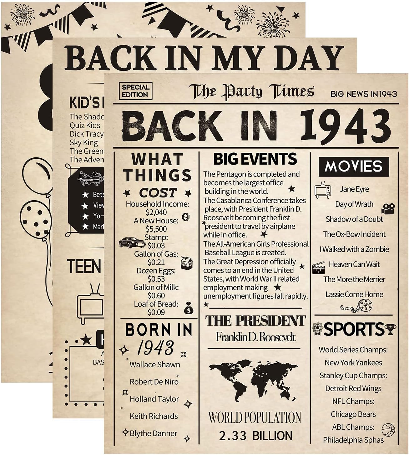 Wall Décor - HOMANGA 80th Birthday Decorations for Men and Women, 3 Pieces Vintage Posters, Back in 1943 Party Decoration Supplies, Gifts, 8x10 Inch