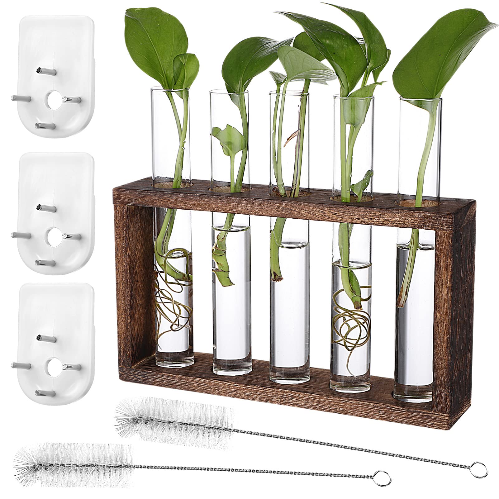 iplusmile Plant Propagation Station Plant Terrarium with 5 Test Tubes Wooden Stand,Wall Hanging Glass Plant Propagation Vase for Hydroponics Plants Office Home Decor